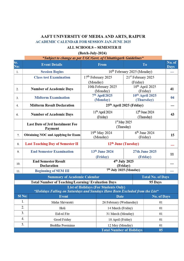 AUR - ACADEMIC CALENDAR 2025- SEMESTER II
