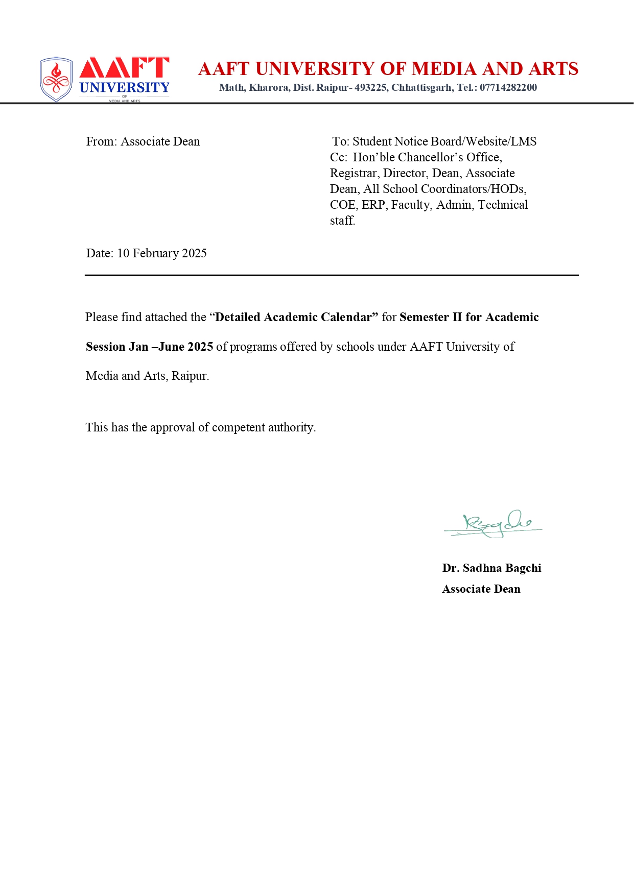 AUR - ACADEMIC CALENDAR 2025- SEMESTER II